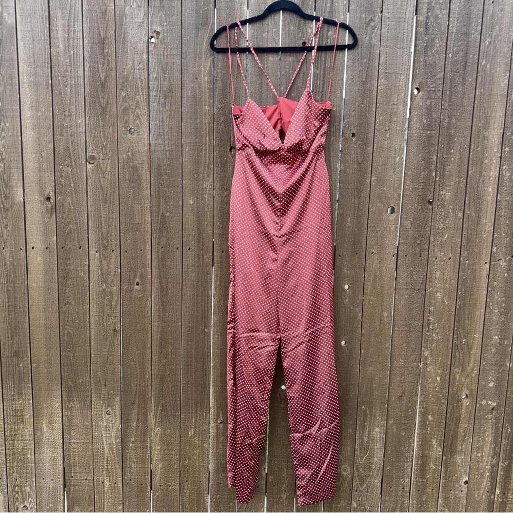 Endless Rose Satin Polka Dot Jumpsuit Rust Red Size S NWT